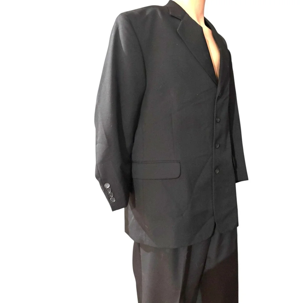Mens Black Wool Blend 4 Button Suit‎ Blazer Pleated Pants Set 46/40 S